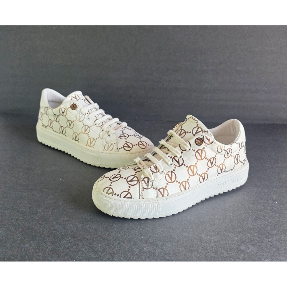 VALENTINO Women's Beatrice Leather Cream Copper Logo Sneakers Sz 8 38